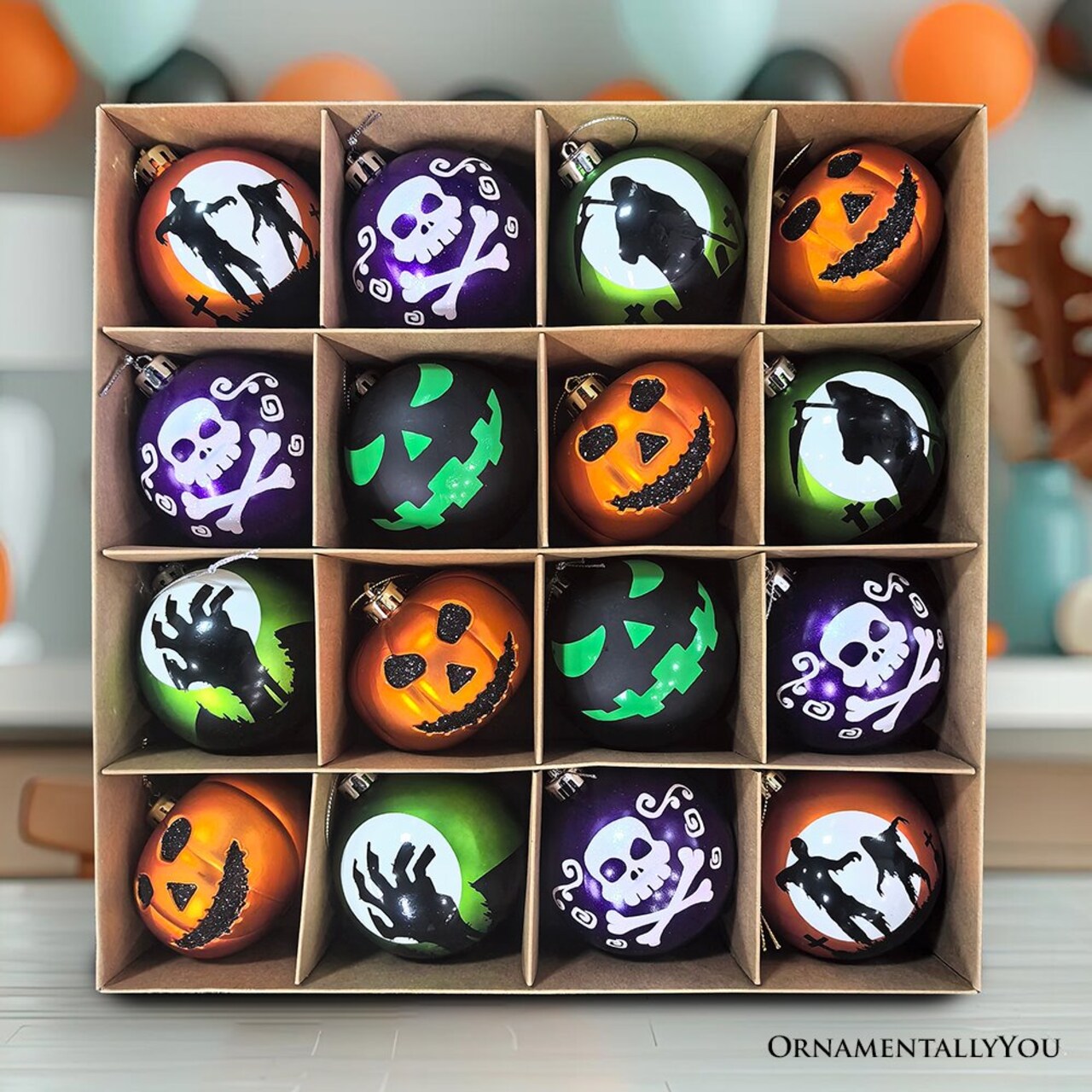 The Face of Spooky Horror 16 Piece Ornament Shatterproof Bundle Set, Halloween Pumpkin, Zombie, and Goblin